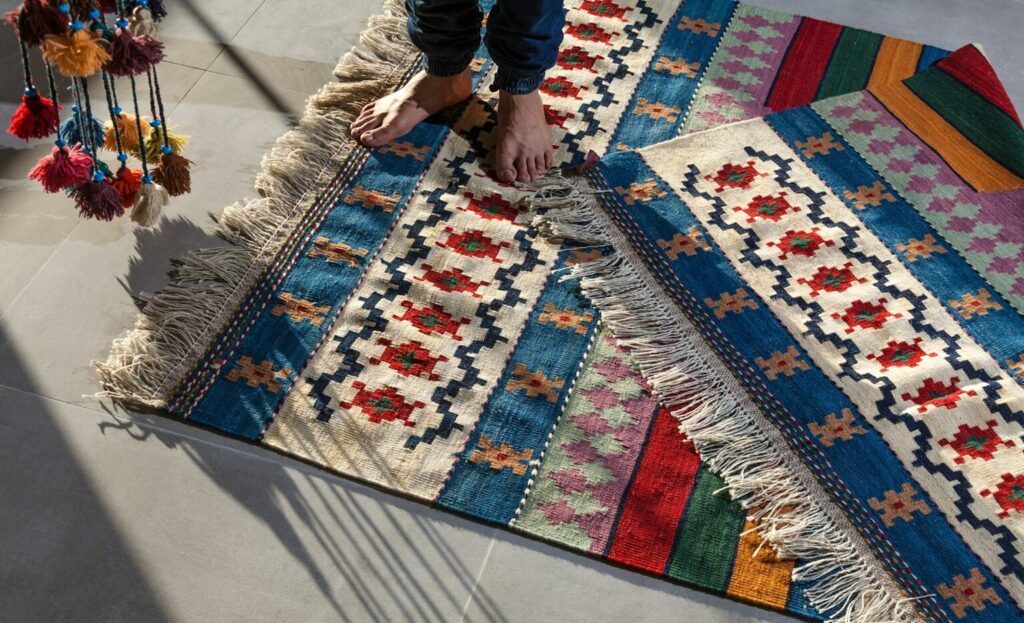 Commercial Carpet Buying Guide: Types, Costs & Maintenance 2 Bare feet standing on colorful geometric woven rugs with fringe on a tiled floor