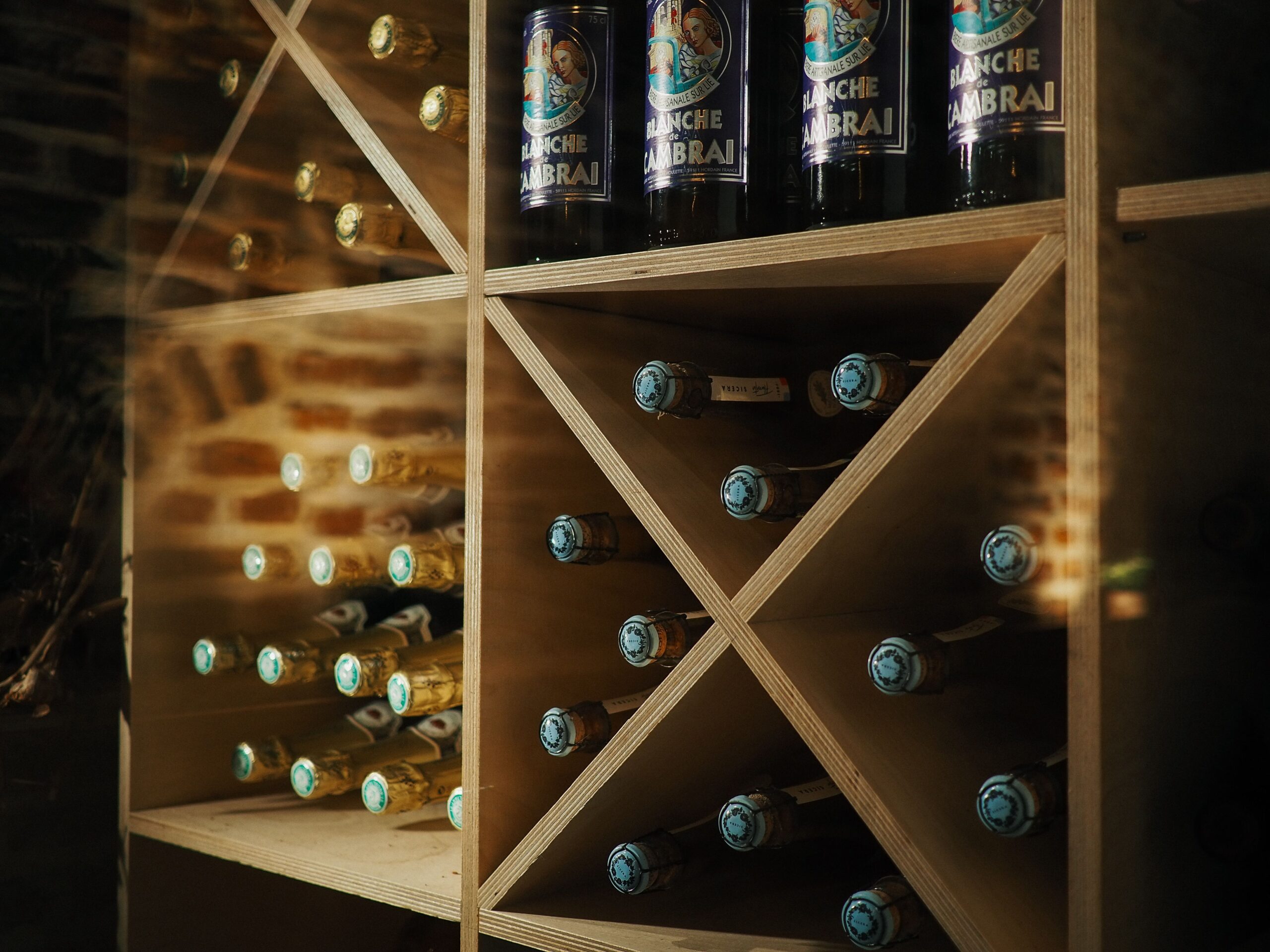 craft beer bottles organized neatly on cold cellar shelves